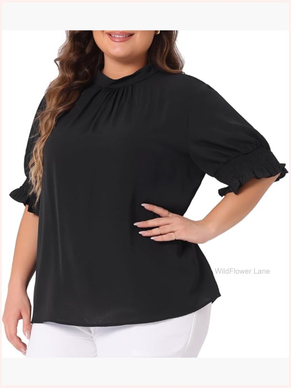 Plus Size Mock Neck Puff Sleeve Blouse Loose Fit Keyhole Back